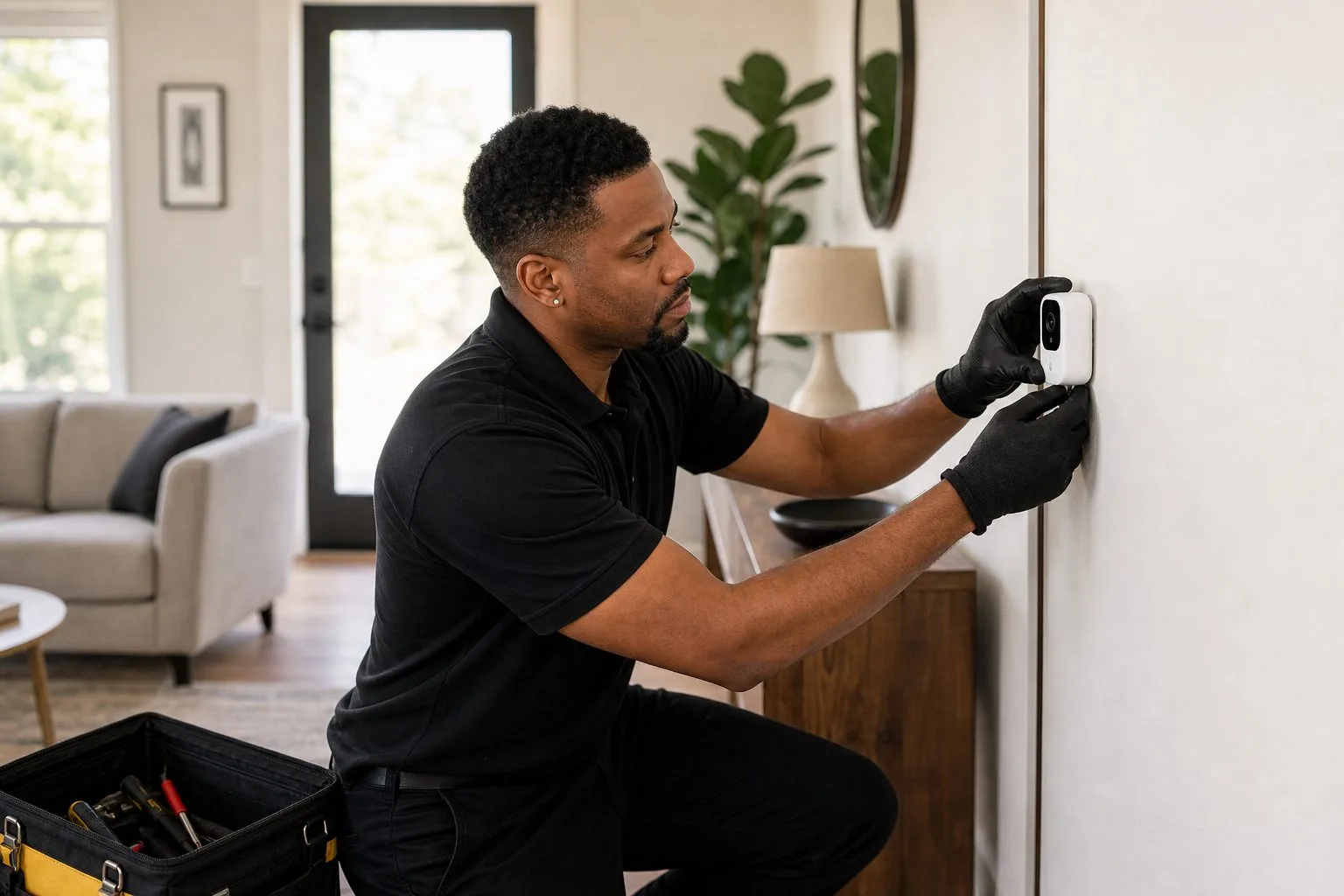 Technician installing a smart security camera